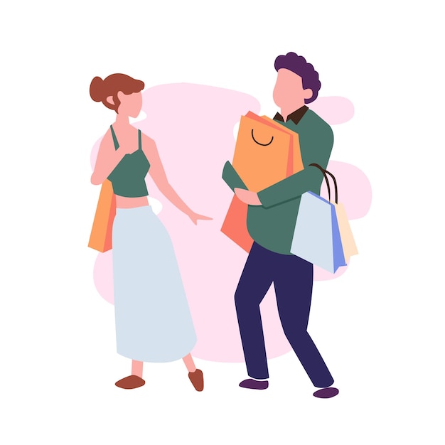 Vector happy couple shopping together flat illustration