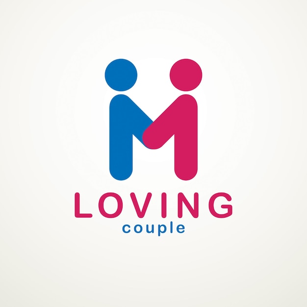 Happy couple simple vector logo or icon created with people geometric signs in a shape of arrows. Tender and loving relationship of man and woman, boyfriend and girlfriend.