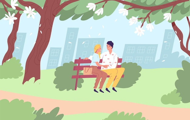 春のロマンチックなデート中に都市公園のベンチに座っている幸せなカップル。若い男性と女性が一緒に屋外で時間を過ごす手を繋いでいます。 2 人の恋人が抱き合って話している。フラットのベクター イラストです。