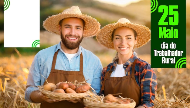 Coppia felice con cappelli di paglia che tiene le uova in un campo