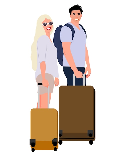 Coppia felice di viaggiatori con valigie viaggio di vacanza illustrazione vettoriale