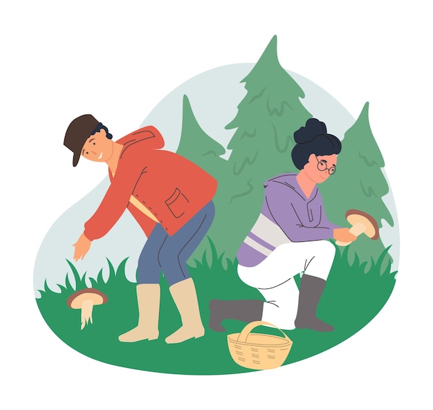 Vector happy couple walking in forest picking mushrooms flat