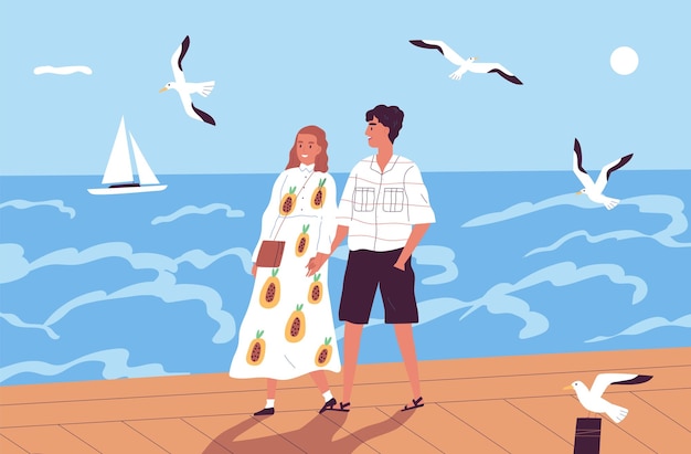 Happy couple walking on waterfront holding hands vector flat illustration. enamored man and woman on a romantic date at seashore. people spending time together at summer vacation.