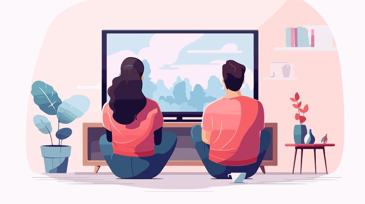 Vector happy couple watching tv together in living room