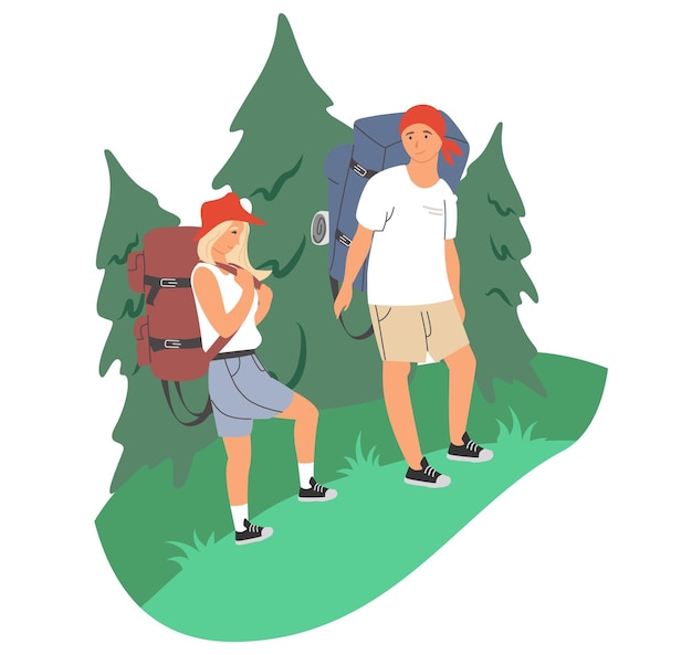 Vector happy couple with backpacks in forest, vector illustration. hiking, camping, trekking. summer outdoor activity. travel.