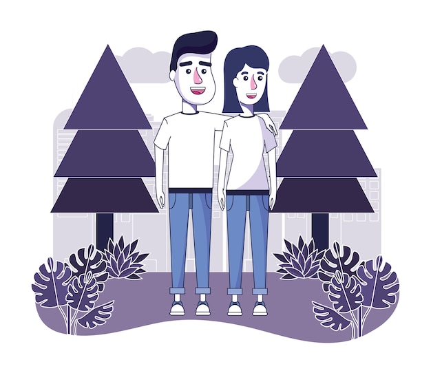 Vector happy couple with casual clothes in the landscape
