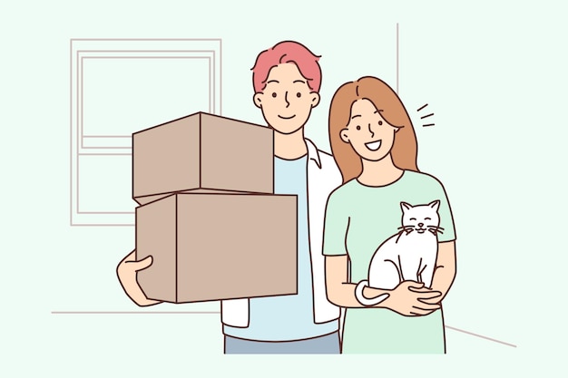 Happy couple with cat on moving day