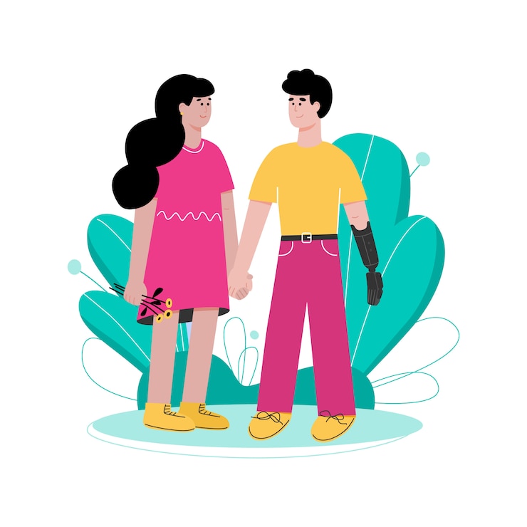 वेक्टर happy couple with handicapped partner, flat cartoon illustration isolated.
