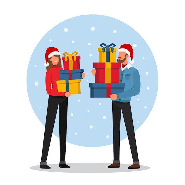 Vector happy couple with a lot of christmas presents