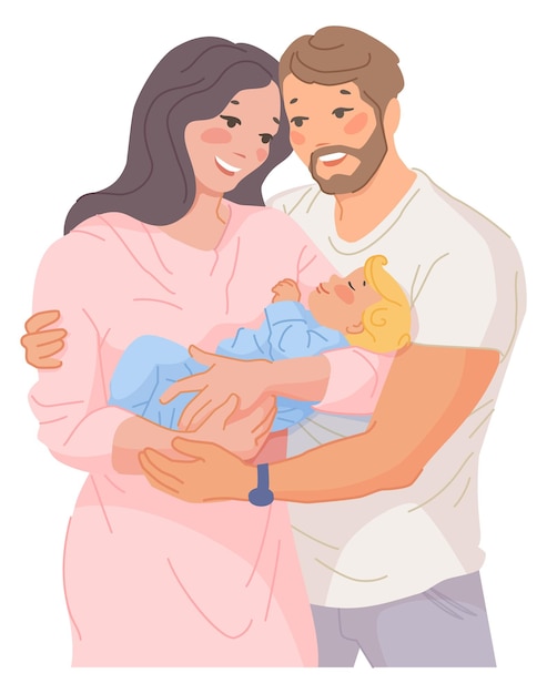 Vector happy couple with newborn man and woman holding baby