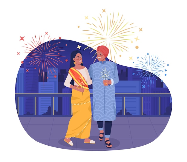 Happy couple with sparkling lights on Diwali 2D vector isolated illustration