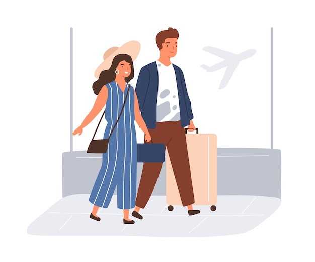 Счастливая пара с чемоданами и багажом в аэропорту. молодой мужчина и женщина собираются поехать на летний отдых. цветная плоская векторная иллюстрация на белом фоне.