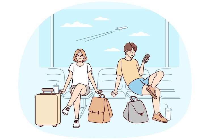 Vector 여행 가방 을 들고 공항 에 앉아 여름 휴가를 준비 하고 있는 행복 한 부부