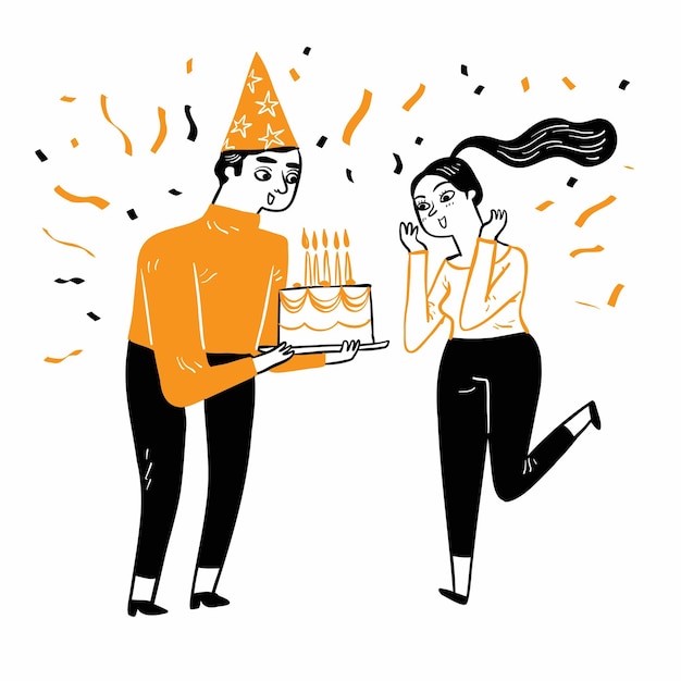 Coppia felice il giovane che dà la torta di compleanno alla sua ragazza illustrazione vettoriale disegnata a mano in stile doodle