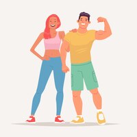Vector happy couple of young people dressed in sportswear and leading an active lifestyle. man and woman visitors to the gym. fitness model and bodybuilder. vector illustration in flat style