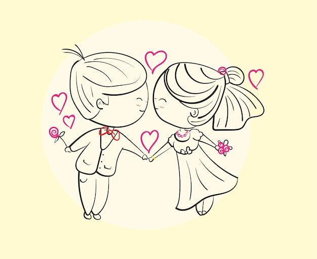 Vector happy couples dancing on bright days hand drawn illustration in sketch doodle style