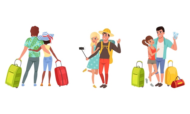 夏休みに出かける幸せなカップル 旅のバッグを持った若い男と女のセット ベクトルイラスト