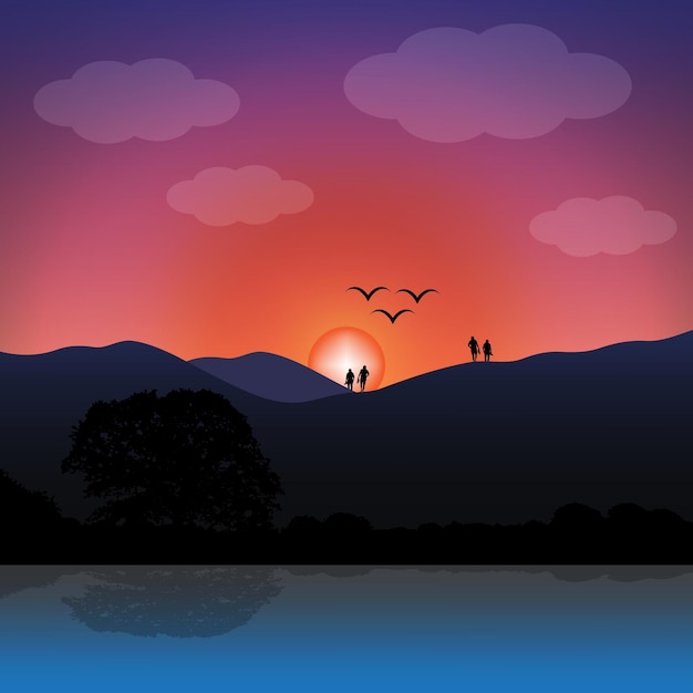 happy couples looking at the sunset and walking in the mountain nature vector landscape illustration