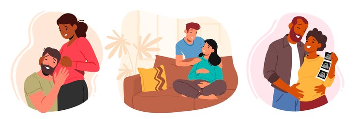 Vector happy couples waiting baby future parents young pregnant female characters with their loving husbands illustration
