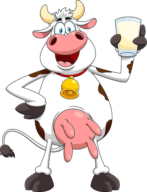 Vettore personaggio di cartone animato happy cow con un bicchiere di latte vector illustrazione disegnata a mano