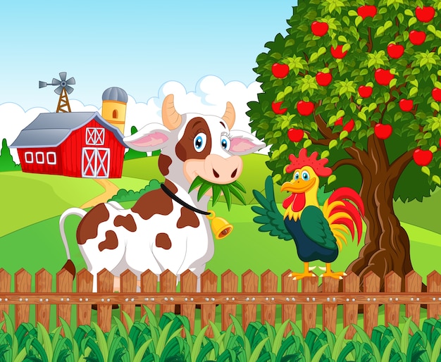 Mucca e pollo felici nella fattoria