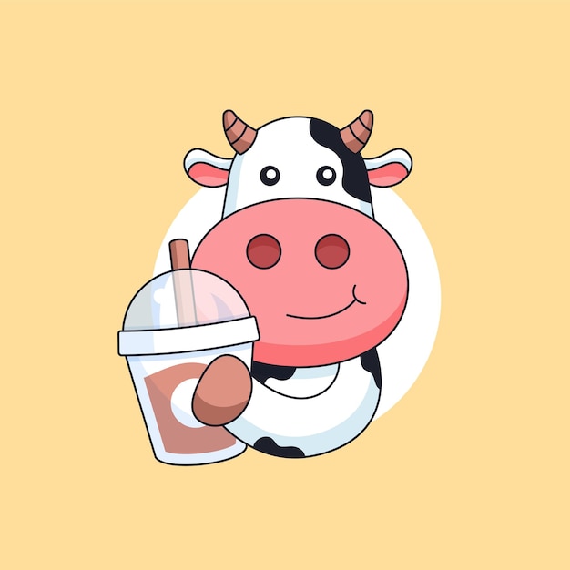 Happy cow holding milk tea drink cup animal mascot cartoon vector illustration