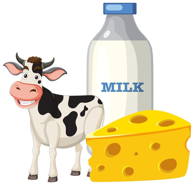 Happy Cow with Dairy Products Illustration