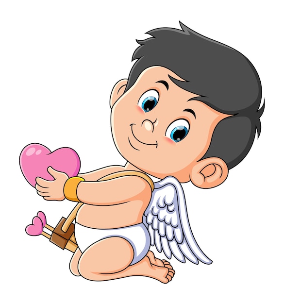 The happy cupid boy is holding the love for gift