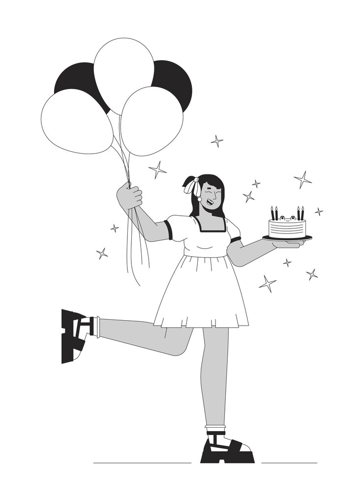 Vector 생일 파티에서 행복한 곡선 힌두 여성 검은색과 색 2d 라인 만화 캐릭터