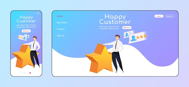 Плоский цветной шаблон адаптивной целевой страницы счастливого клиента. улыбающийся человек с макетом домашней страницы мобильного и пк звезды. пользовательский интерфейс одностраничного сайта с высоким рейтингом. кросс-платформенный дизайн веб-страницы crm-системы