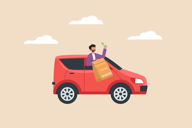 Happy Customer hold money and paper bag orders food without Leaving red car or using drive thru Take away and service concept Colored flat graphic vector illustration