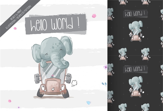 Happy cute baby elephant on bus seamless pattern