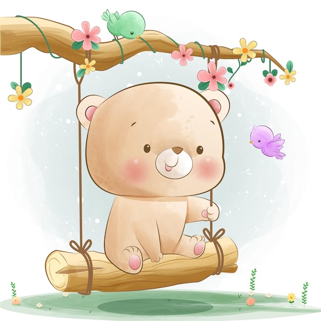 Happy cute bear on swing illustration