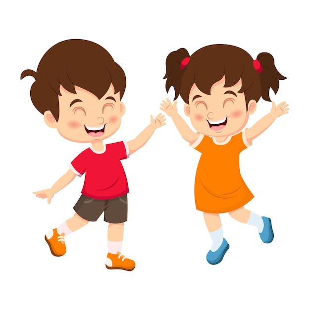 Happy cute boy and girl cartoon waving hands