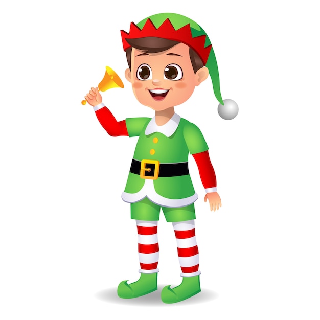 happy cute boy kid wearing elf dress  with bell