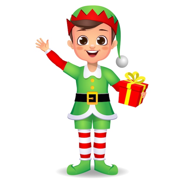 happy cute boy kid wearing elf dress with gift