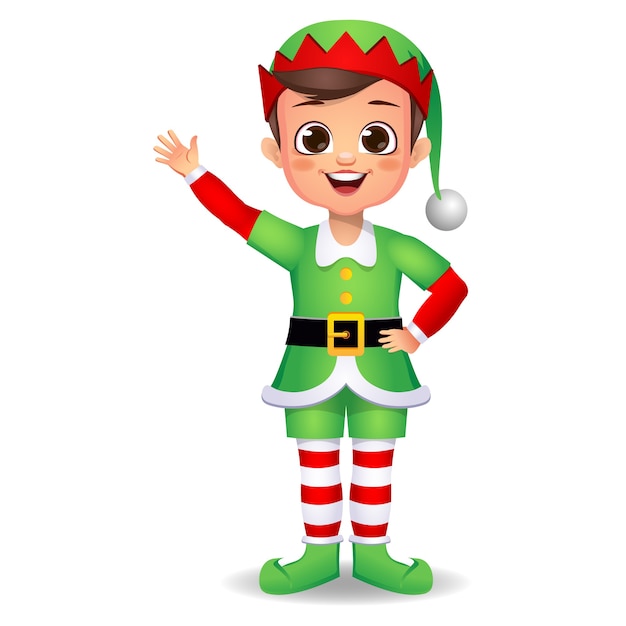 happy cute boy kid wearing elf dress with waving hand