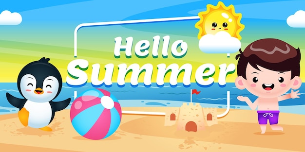 Happy cute boy and peguin presenting summer greeting banner