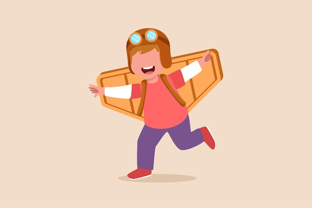 Happy cute boy in pilot costume playing toy plane Playing activity concept Flat vector illustrations isolated