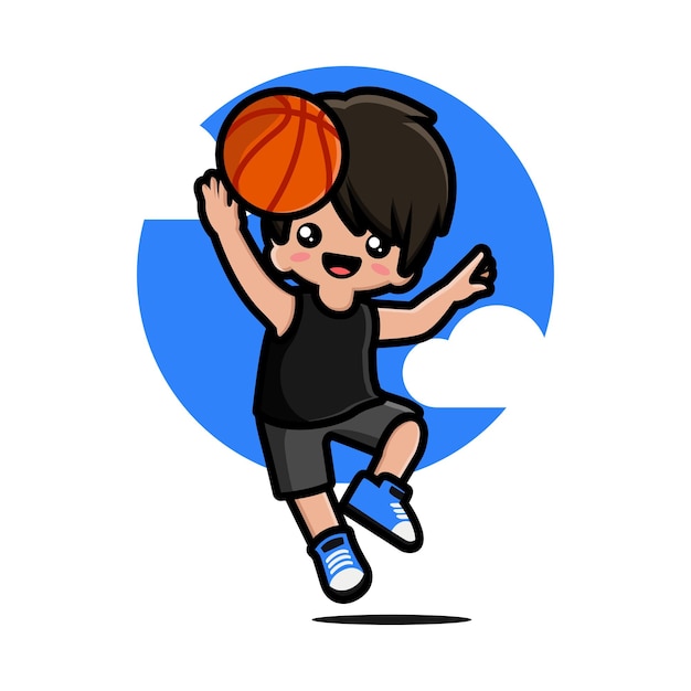 Happy cute boy playing basketball