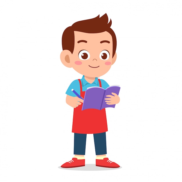 Vector happy cute boy waiter write order