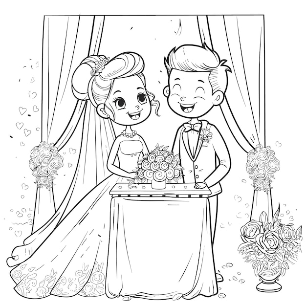 Happy Cute Bride And Groom At A Wedding Coloring Pages Vector