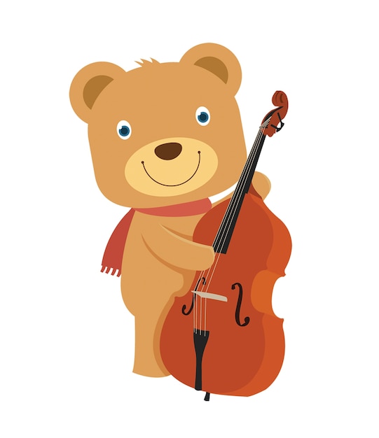 Happy cute brown teddy bear playing cello 