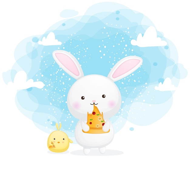 Happy cute bunny and chicks eat pizza slice Cartoon character