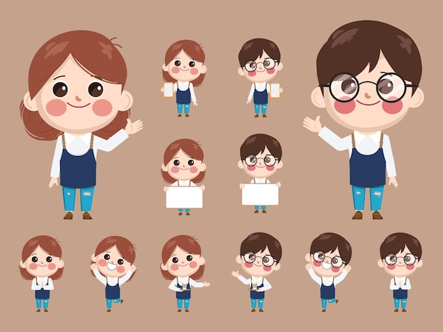 Happy cute cartoon barista friendly gesture pose character set