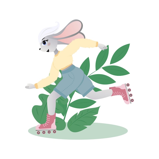 Happy cute cartoon rabbit is roller skating