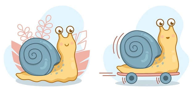 Happy cute cartoon snail on skateboard set Snail with a blue shell