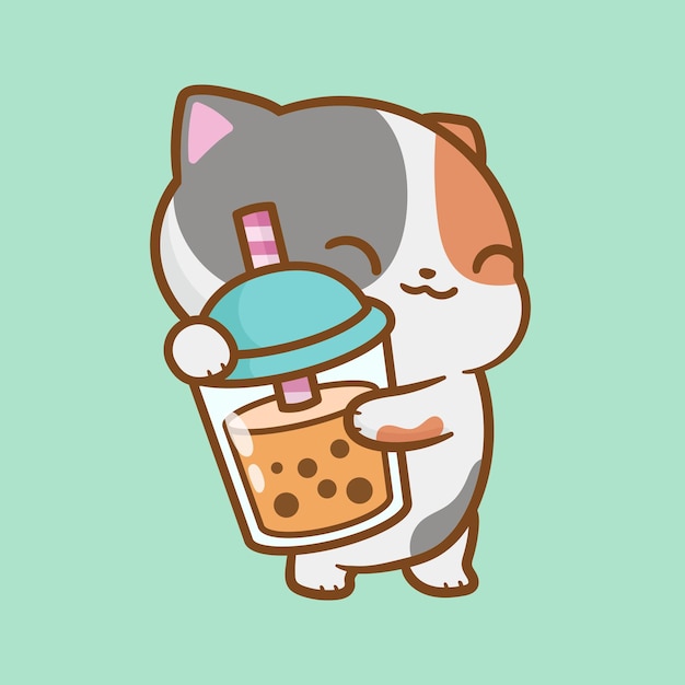 Vector happy cute cat drink boba cartoon 2