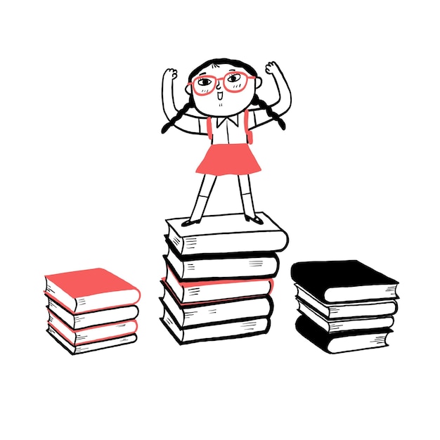 Vector happy cute child standing on the tower of books on white background