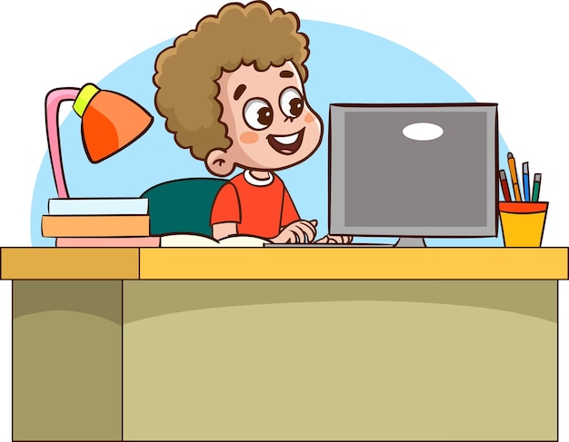 테이블에서 컴퓨터로 공부하는 행복한 귀여운 아이들